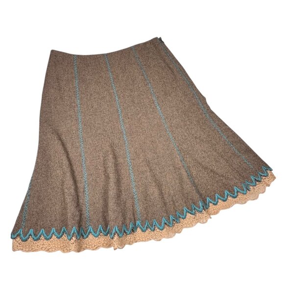 Tibi Embroidered Tweed Mid Skirt Sz S Tan Wool Blend A-Line Retro Cottage Twee - Picture 10 of 10